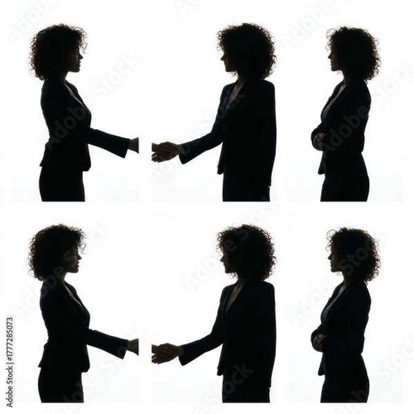 Fototapeta Shadow of Success: A montage of a businesswoman in silhouette engaging in a sequence of professional gestures, emphasizing business acumen and approachability.