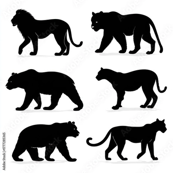 Fototapeta Wild Animal Silhouettes: A collection of meticulously crafted black silhouettes featuring majestic wild animals in various stances, perfectly capturing their distinctive forms and inherent power. 