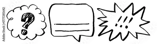 Fototapeta Set of hand drawn speech bubbles. Drawn with brush text boxes. Empty design template. Design element with copy space. Frames for text. Question mark, exclamation mark