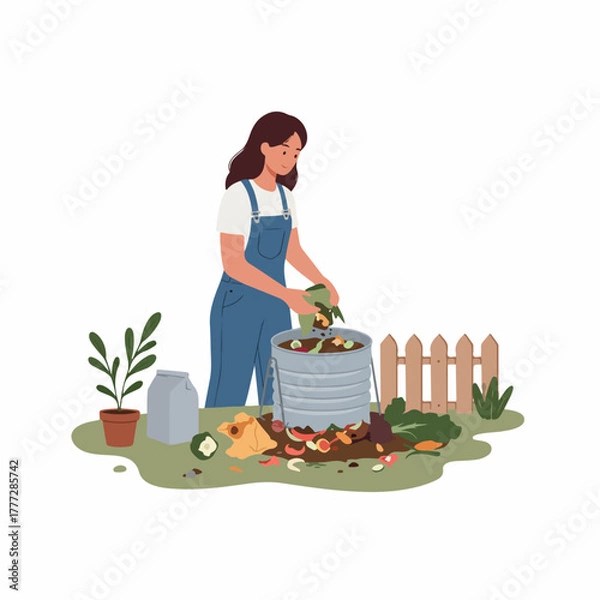 Fototapeta Flat Illustration Woman Composting Food Waste in Garden Container Concept