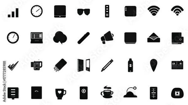 Fototapeta Modern Black Flat Design Icon Set. Vector Collection of Business, Office, Communication, Technology, and Everyday Essentials Symbols
