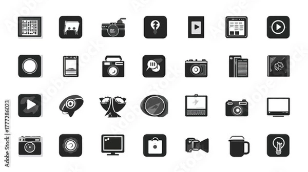 Fototapeta Photography and Media Flat Icons Set. Collection of Black and White Digital Technology Symbols for Web Design, Apps, and Interfaces