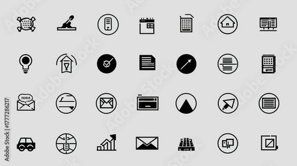 Fototapeta Modern minimalist black and white line icons set for web, app, UI/UX design. Digital interface symbols collection for business and technology.