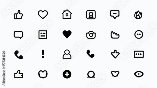 Fototapeta Essential UI line art icon set. Modern black vector elements for social media, web design, app interface, digital communication, and technology.