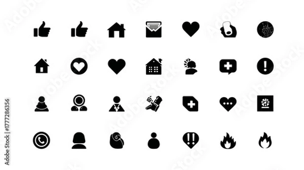 Fototapeta Modern Black Silhouette Icon Set for Web, Social Media & Digital Interface. UI/UX Elements for Communication & Engagement.