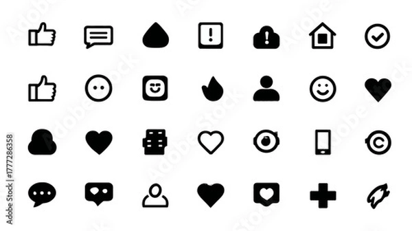Fototapeta Modern black and white set of UI/UX icons for social media, mobile apps, web design, notifications, likes, and digital interactions.