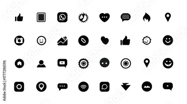 Fototapeta Modern vector social media and UI icon set. Minimalist flat black web interface elements for apps, digital communication, likes, and shares.
