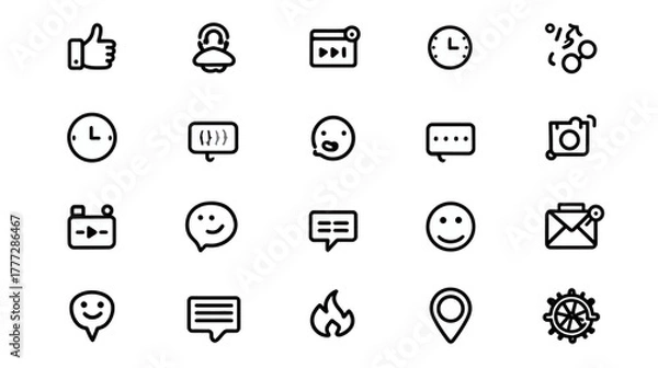 Fototapeta Set of diverse outline social media, communication, and user interface icons for web design, app development, and digital projects