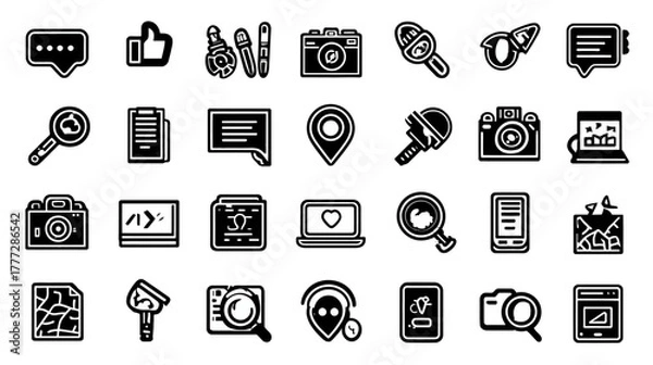 Fototapeta Internet, Social Media & Digital Communication Icons Set. Web Design, UI/UX, Technology & Network Pictograms.