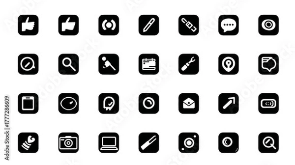 Fototapeta Modern digital interface icons set. Black and white vector glyphs for web design, app UI, social media, technology, and business tools.