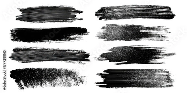 Fototapeta A collection of various textured brush strokes in black and white, showcasing different patterns and styles.