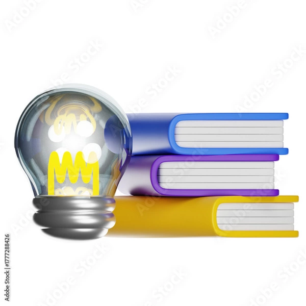 Fototapeta Glowing lightbulb with stack of colorful books, transparent background