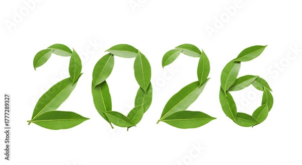Fototapeta The year two thousand and twenty six made out of green leaves on transparent background