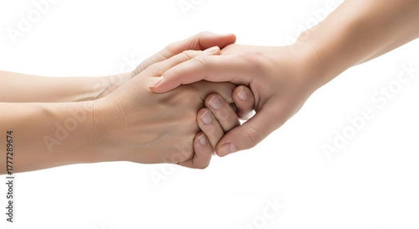 Fototapeta Close up of two hands clasped together in a gesture of support on transparent background