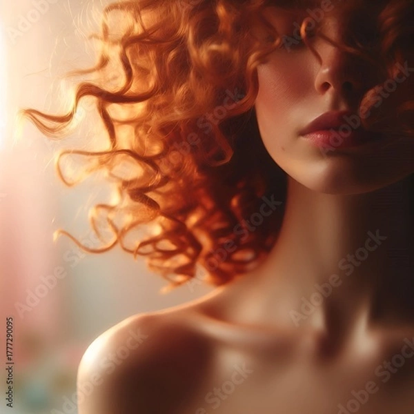 Obraz “Curly red hair shining in breeze, soft background, warm golden light.”