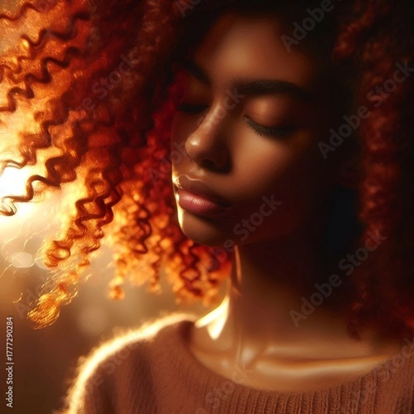 Fototapeta “Curly red hair shining in breeze, soft background, warm golden light.”