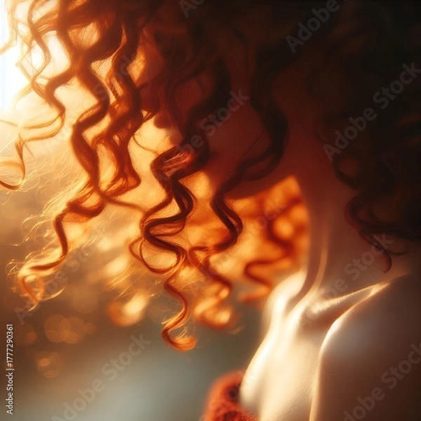 Obraz “Curly red hair shining in breeze, soft background, warm golden light.”