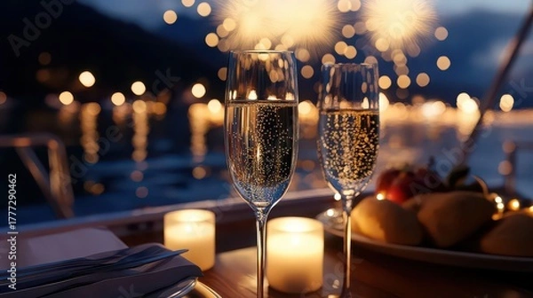 Fototapeta Champagne glasses and candles on a table with fireworks in the background, celebrating a special occasion, night
