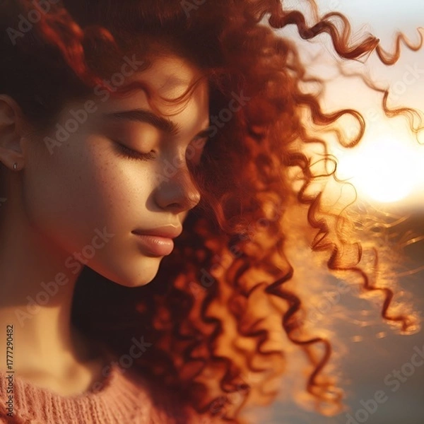 Fototapeta “Curly red hair shining in breeze, soft background, warm golden light.”