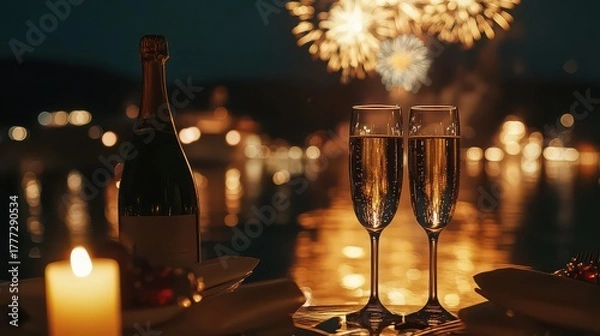 Fototapeta Romantic evening with champagne glasses and fireworks in the background, celebrating a special occasion, night scene