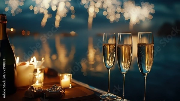 Fototapeta Elegant new years eve celebration with champagne glasses and fireworks over a tranquil lake at night