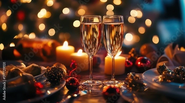 Fototapeta Festive champagne toast with candles and christmas decorations creating a warm and inviting holiday atmosphere