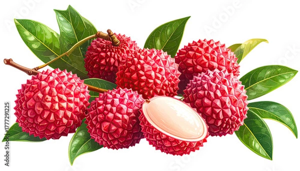 Fototapeta Cluster of lychees with vibrant red skin and green leaves
