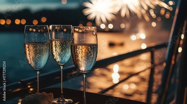 Fototapeta Three champagne glasses stand on a railing, fireworks burst in the night sky, creating a festive atmosphere