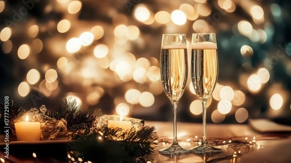 Fototapeta Festive champagne toast with candles and christmas decorations creating a warm and inviting holiday atmosphere