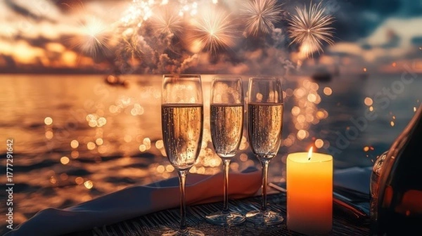 Fototapeta Three champagne glasses sit on a table with fireworks in the background, creating a festive and celebratory scene