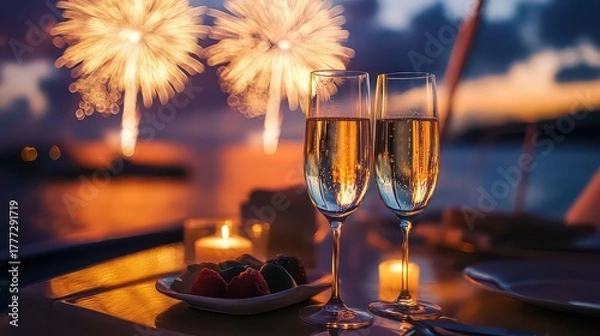 Fototapeta Two champagne glasses sit on a table with fireworks in the background, creating a romantic and festive mood