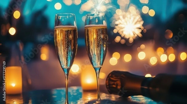 Fototapeta Two champagne glasses filled with sparkling wine on a table with candles and fireworks in the background