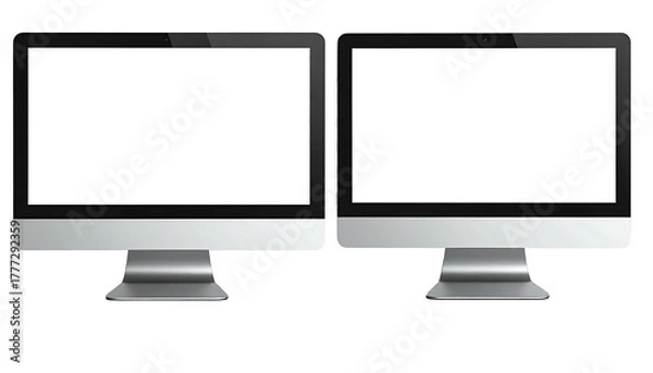 Obraz Two silver desktop computers with blank white screens side-by-side