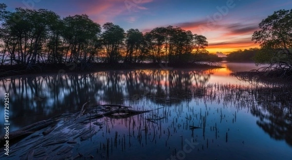 Obraz A serene waterscape reflects a vibrant sunset over a line of mangrove trees