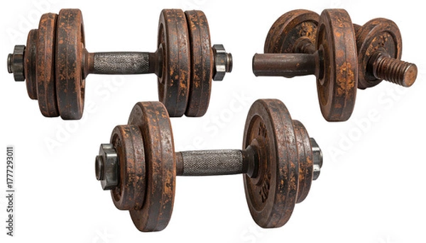 Fototapeta Three rusty dumbbells scattered on a solid black background