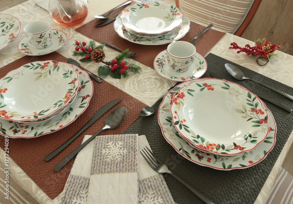 Obraz Table setting with bright tableware, berries, and twigs. Italian ceramic tableware. Aesthetics and lifestyle. Interior design. 