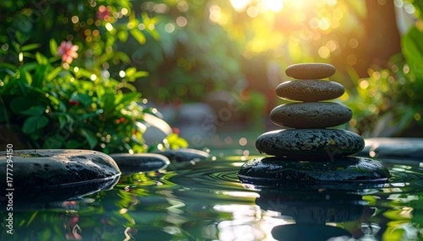 Obraz Stacked stones balance peacefully on a rock in a tranquil pond surrounded by lush greenery, creating a serene and meditative atmosphere.