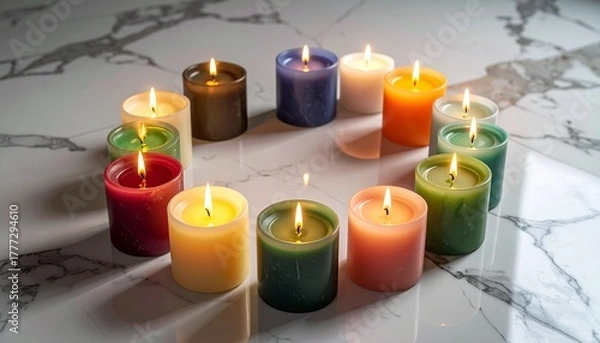 Obraz Colorful candles arranged in a circle on marble surface creating a warm and inviting ambiance for relaxation and meditation.