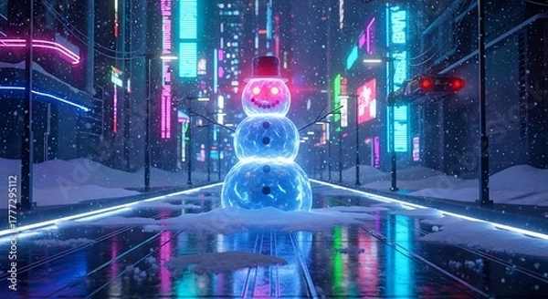 Fototapeta A glowing snowman stands in a futuristic city street illuminated by vibrant neon lights and reflections