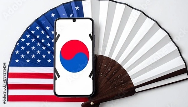 Fototapeta Smartphone displays the South Korean flag against a backdrop of an American flag and a traditional fan, symbolizing cultural exchange and technological collaboration.