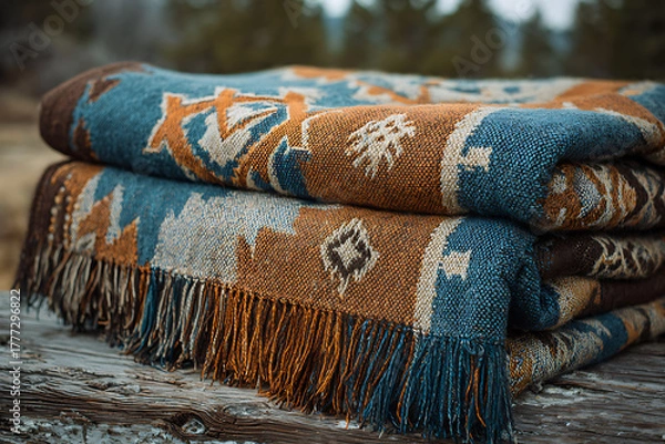 Fototapeta Exotic Tribal Teal and Copper Woven Throw Blanket Ambience. Use for: Boho-Chic Home Décor Apps, Earthy Cultural Events. Color Theme and Style: Rich Teals and Coppers, Boho-Chic and Earthy Style.