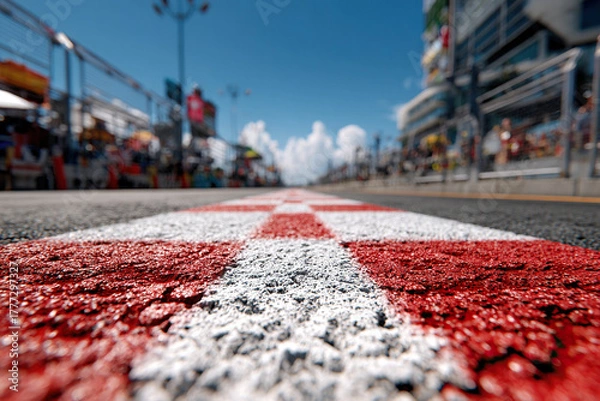Fototapeta A ground-level view of the race track start on a sunny day. High-speed concept. Race track.