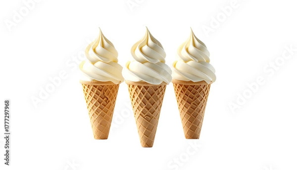Fototapeta Three vanilla soft-serve ice cream cones, against a black background