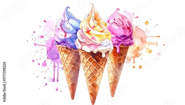 Fototapeta Three watercolor ice cream cones with colorful drips/splatters