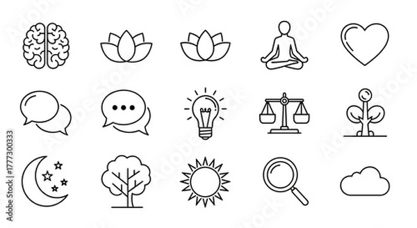Obraz Collection of Minimalist Line Art Icons - Brain, Lotus, Meditating Figure, Heart, and More.