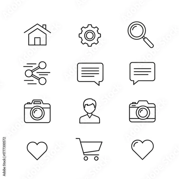 Obraz Collection of Minimalist Line Icons - Home, Settings, Search, Share, Chat, Camera, User, Cart, Heart.