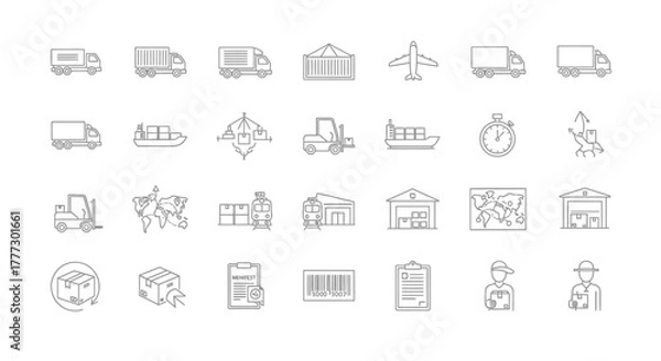Fototapeta Collection of Outline Icons Representing Logistics and Shipping Services.