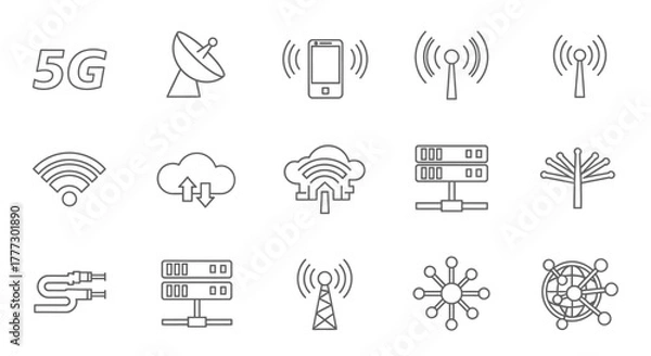 Obraz Collection of outlined technology and communication icons, including 5G, satellite, Wi-Fi, cloud, and server symbols.