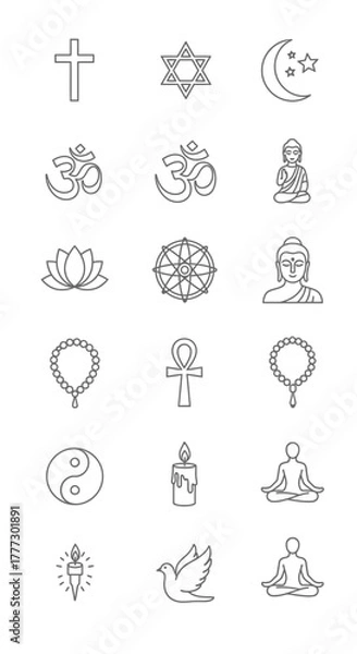 Obraz Collection of Religious Symbols - Cross, Star of David, Crescent Moon, Om, Buddha, Lotus, Rosary, Ankh, Yin Yang, Dove.
