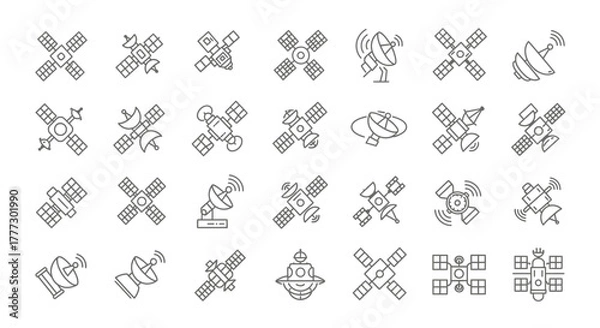 Obraz Collection of Satellite Icons - Detailed Line Art Depicting Various Spacecraft Designs.